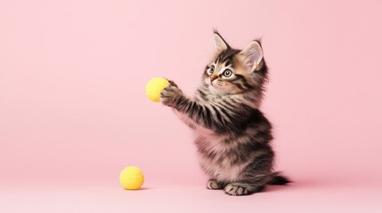 A cute, fluffy kitten playing with a yellow toy, standing out against a pastel pink background, full of energy and fun.