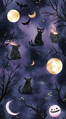 A whimsical Halloween scene featuring black cats, full moons, and bats against a dark night sky.