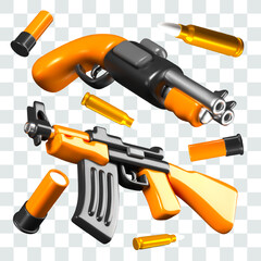 Double barreled rifle, machine gun, bullets of various types. Vector concept
