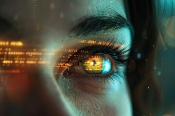 Futuristic concept image. Close-up of a human eye reflecting digital code. Modern style with a tech focus. Ideal for technology-related projects. Generative AI