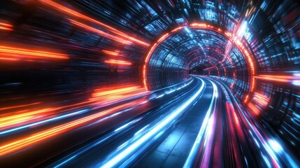 A futuristic tunnel illuminated by vibrant light streaks, creating a dynamic and energetic visual effect.