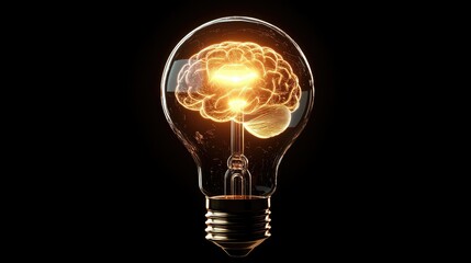 A glowing bulb with a brain-shaped filament, shining bright in the darkness, symbolizing the spark of genius.