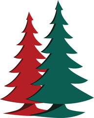 Two stylized decorative Christmas trees of red and green colors. Vector illustration with transparent background.