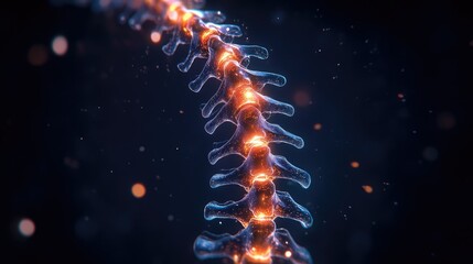 Obraz premium A glowing illustration of the human spine, set against a dark background to emphasize its anatomical details.