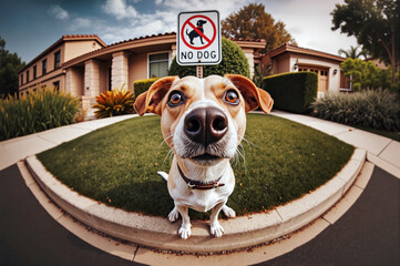 Confused dog sitting near a "No Dog" sign in a suburban neighborhood