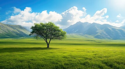 Fototapeta premium A lone tree graces a green meadow, with stunning mountain landscapes in the background and a bright blue sky above.