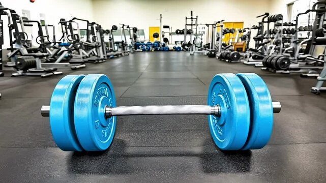 A set of blue dumbbells rests on the gym floor, surrounded by various weightlifting equipment in an active fitness space.