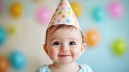 A joyful baby in a party hat smiles during their first birthday celebration