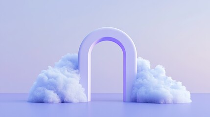 A minimalistic 3D render of a cloud and cyan arch door, with a light purple background creating a serene atmosphere.