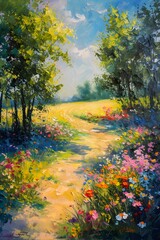 poster of a tree in an oil painting landscape, flower field