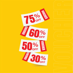 Flying red voucher with yellow background, vouchers, exchange. Discount, profitable purchases, Offers, Special premium price offers sale coupon.
