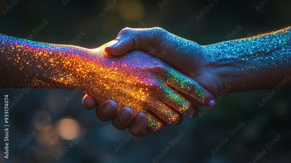 Aufkleber glittering hands connect in a heartfelt handshake, capturing a moment of unity and joy in a colorful