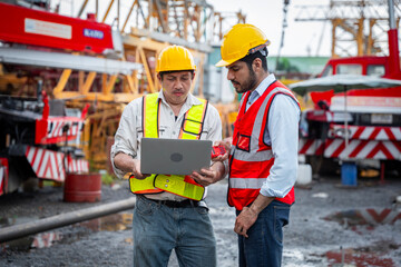 Two men in safety gear are looking at a piece of machinery. They are wearing reflective vests and hard hats