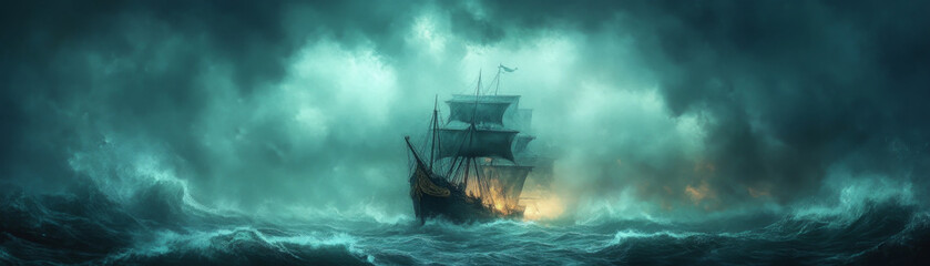 A lone sailing ship faces turbulent seas and dark clouds, illuminated by a faint light, battling nature's fury in a dramatic scene.