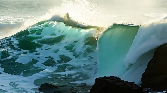 Watch powerful waves collide with the rugged coastline as the sun sets over the Pacific Ocean, painting the sky in hues of orange and pink.