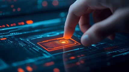 Finger Pressing Red Button on Futuristic Interface