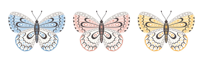 Set of butterflies, vector illustration. Fly insect wings with abstract ornament, front view, a symbol for tattoo design. Summer background