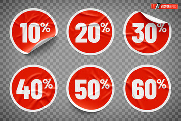 Vector realistic illustration of promotional round stickers on a transparent background.