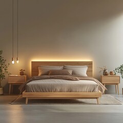 Minimalist Bedroom Design with Wooden Bed and Warm Lighting.