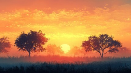 Fototapeta premium A serene landscape where trees are silhouetted by the warm hues of a vibrant sunset, creating a peaceful scene.