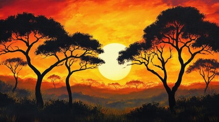 A serene landscape where trees are silhouetted by the warm hues of a vibrant sunset, creating a peaceful scene.