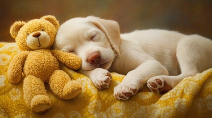 A serene puppy napping with teddy bears on a warm yellow blanket, capturing a moment of pure comfort and cuteness.
