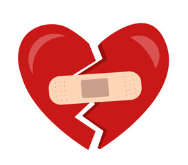 Broken heart with plaster on white background