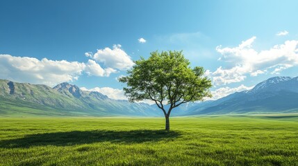 A single tree stands in a verdant meadow, with beautiful mountain ranges and a clear blue sky in the background.