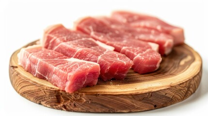 Fototapeta premium Slices of raw beef on a wooden cutting board, ready for cooking and grilling, ideal for recipes, culinary blogs, and food advertisements,