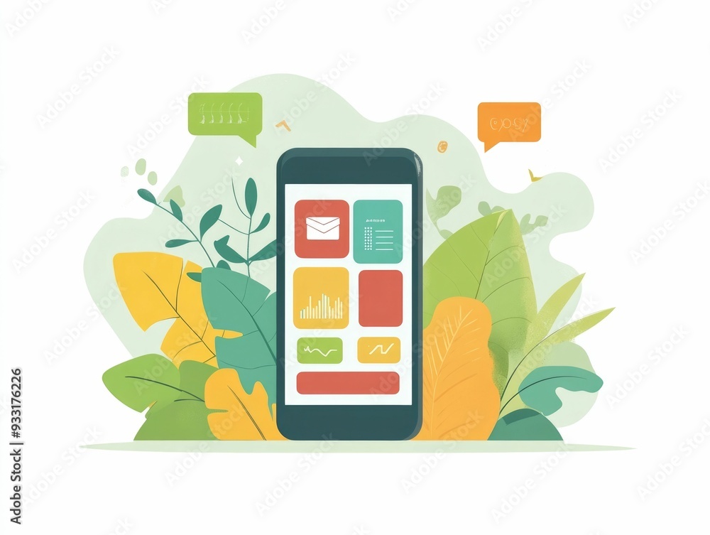 Poster flat design of a language learning app on a smartphone showcasing the digital and interactive aspect