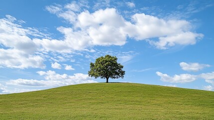 Obraz premium A solitary green tree on a hill, basking in the sunlight beneath a bright blue sky with soft, cottony clouds.
