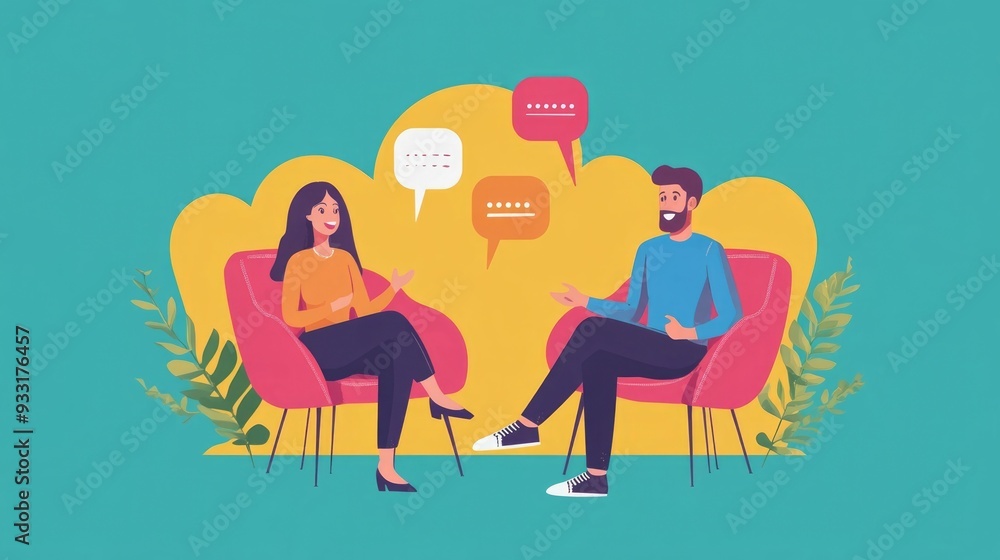 Aufkleber language learning and conversation practice with partner in flat design concept of education trainin