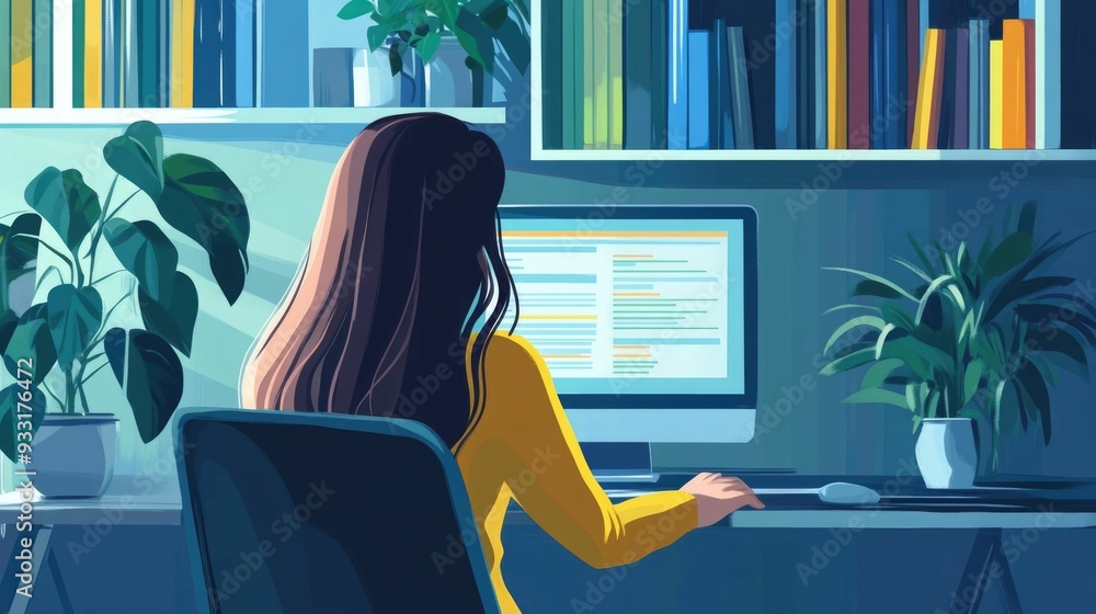Poster of a virtual language learning class setting with flat design elements showcasing the concept of onl