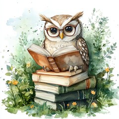 Wise Owl Immersed in Book Knowledge