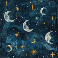 Naklejka premium Illustration of golden stars and crescent moons against a dark blue cosmic background, suitable for use in digital wallpapers, greeting cards, or educational material about astronomy and night skies,