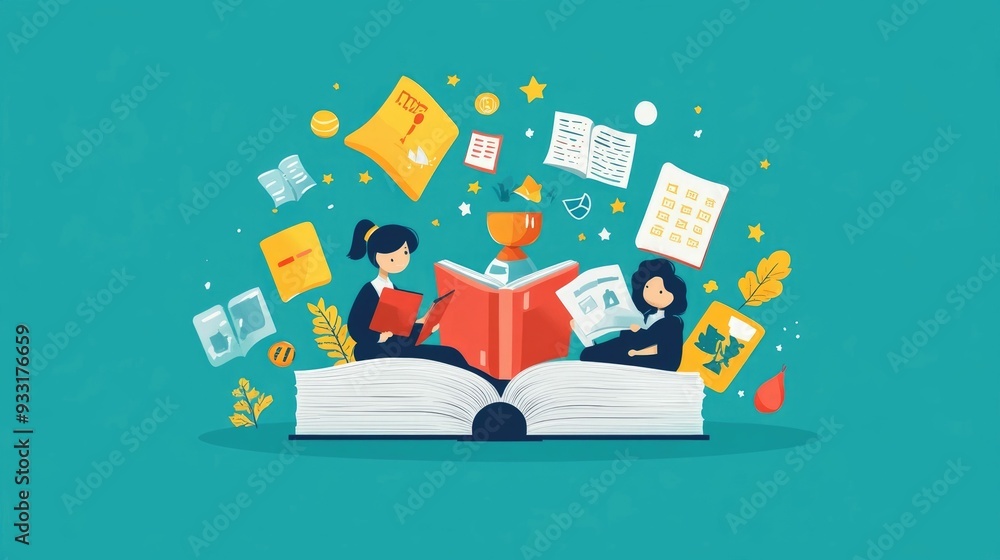 Poster flat design of a person reading and learning a foreign language by studying an educational textbook 