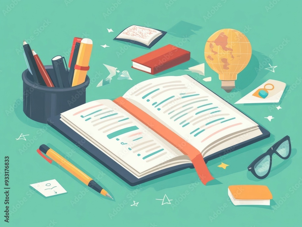 Poster flat design depicting the concept of language learning and writing in a notebook the image represent