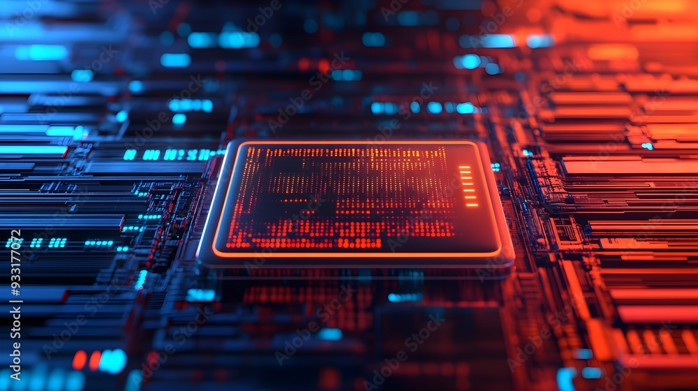 Poster futuristic circuit board with glowing red processor