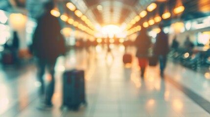 Travelers hustle through a bustling airport terminal filled with activity and blurred movement