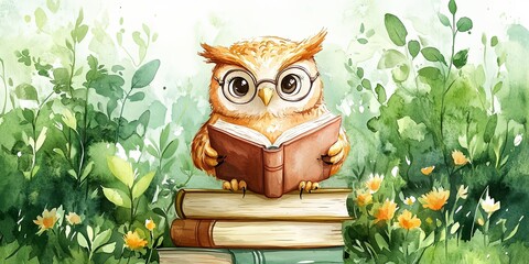 Wise Owl Immersed in Book Knowledge