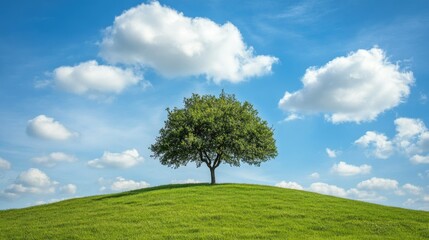 Obraz premium A thriving tree on a green hill, set against a vivid blue sky with scattered, fluffy white clouds, embodying serenity.