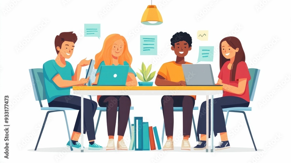 Poster flat design of a group language learning study session with classmates in an academic setting educat
