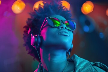 Young Man Enjoying Music at Colorful Neon-Lit Party. Beautiful simple AI generated image