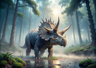 Fototapeta premium Tranquil Triceratops 3D close-up with delicate watercolor-inspired patterns unfolding onto ancient misty forest floors under soft blue-gray mist.