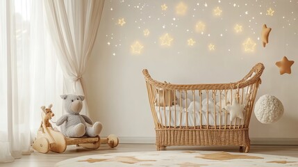 Cozy nursery with a wicker crib, star decals, and a teddy bear.