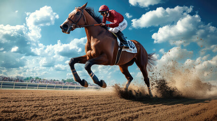 A racehorse with a jockey in the foreground, galloping on an open track under a blue sky.