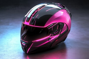 Fototapeta premium A sleek, modern motorcycle helmet with vibrant pink and black design, perfect for stylish riders and sports enthusiasts.