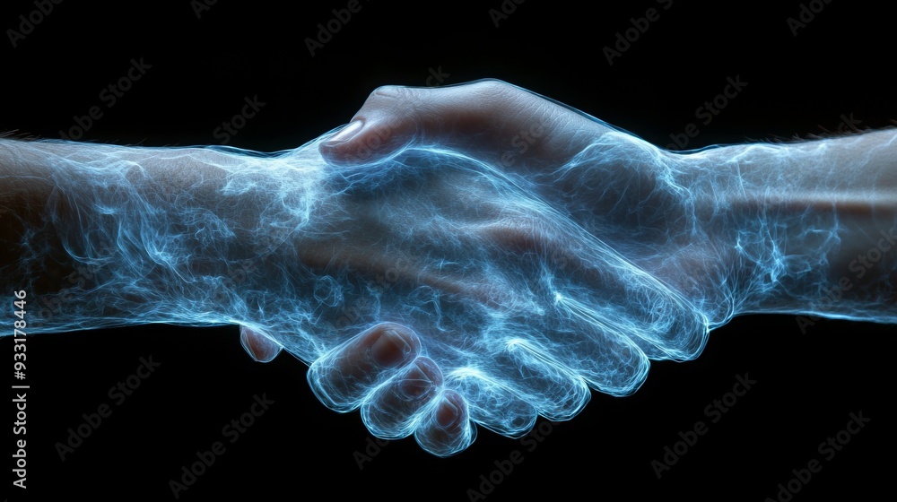 Poster two hands are shaking, glowing as if made of light, representing unity and cooperation against a dar