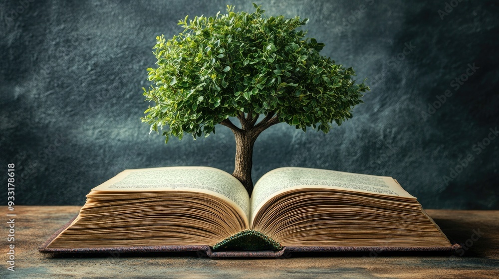 Poster a vibrant green tree sprouting from the pages of an open book, blending the concepts of growth and l