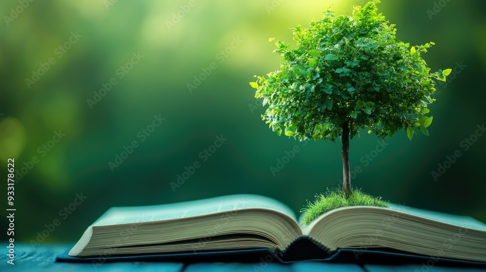 Poster a vibrant green tree sprouting from the pages of an open book, blending the concepts of growth and l